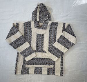Baja Joe Cotton Blend Mexican Blanket Like Hooded Pullover Size M Cream Striped